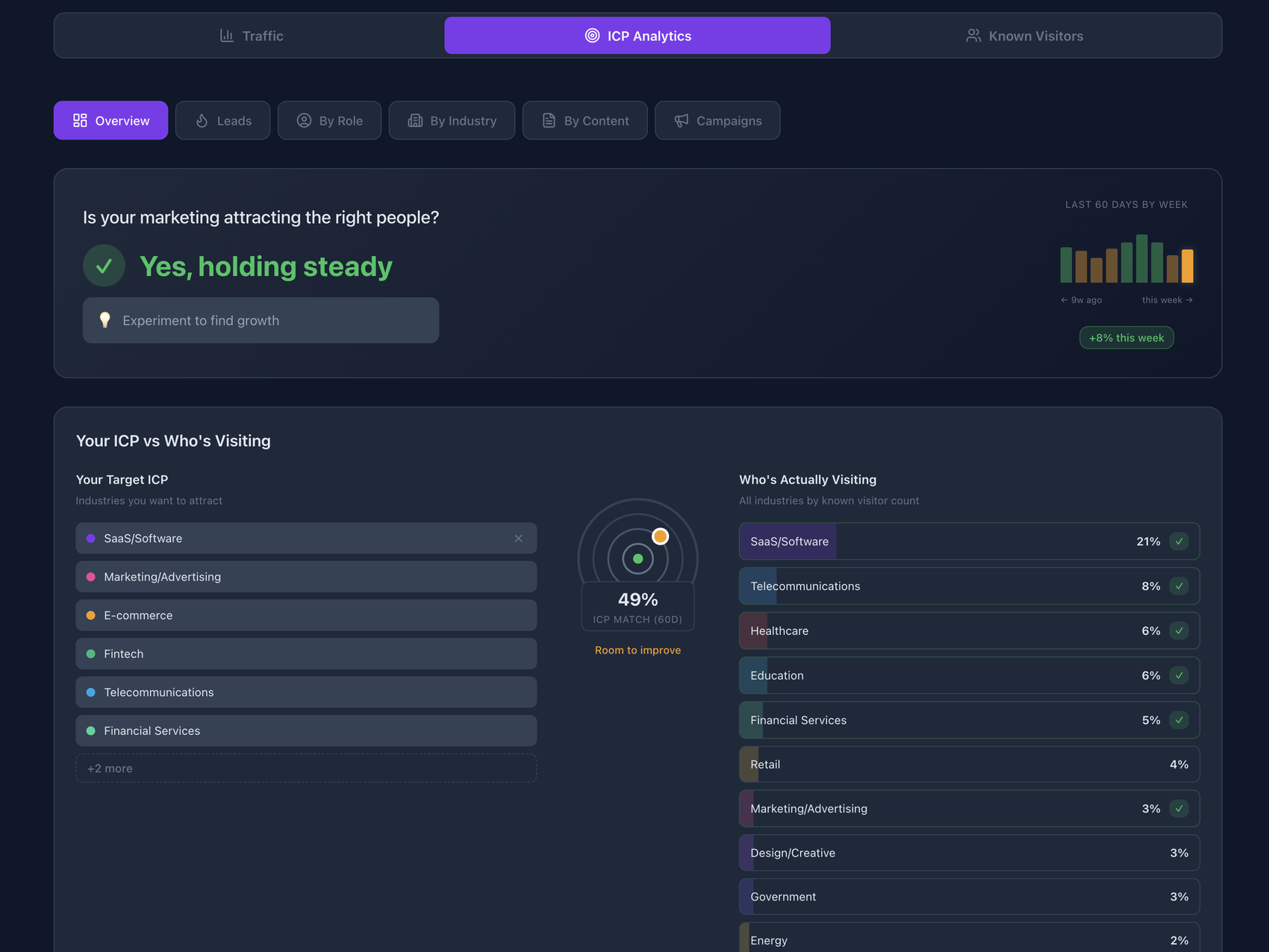 Squid Agency ICP Analytics: a verdict on whether marketing is attracting the right people, with target industries beside the industries actually visiting and a 49 percent ICP match score